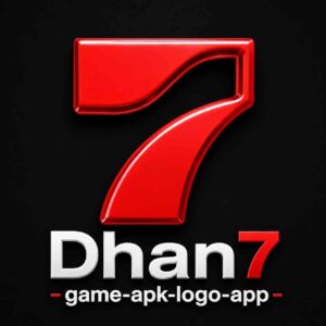 dhan7-Glossy red number 7 logo with white background and Dhan7 game APK branding in modern 3D style.