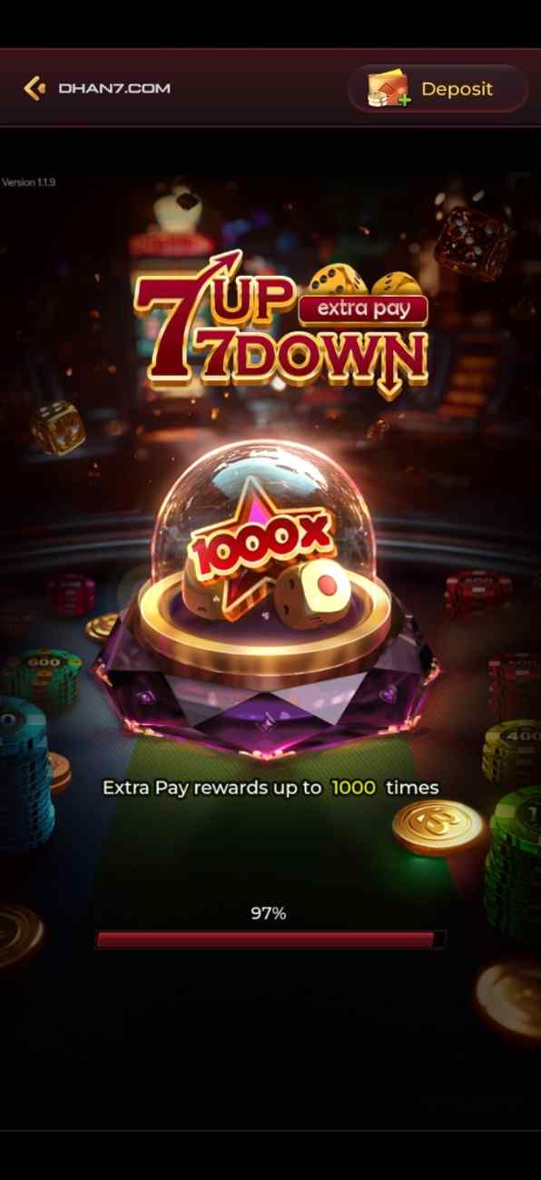 Dhan7 7 Up 7 Down Extra Pay game with 1000x multiplier rewards, dice, casino chips and jackpot bonus