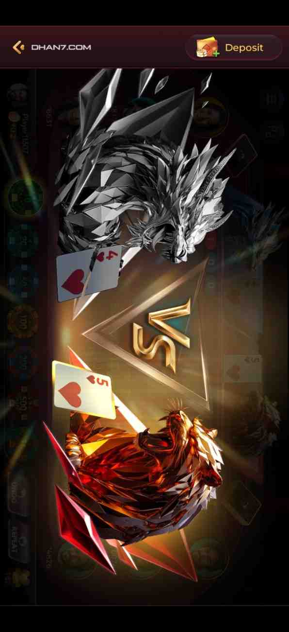 Dhan7 online card game interface showing a Dragon vs Tiger match with a metallic silver dragon, a crystalline golden tiger, and live betting chips.