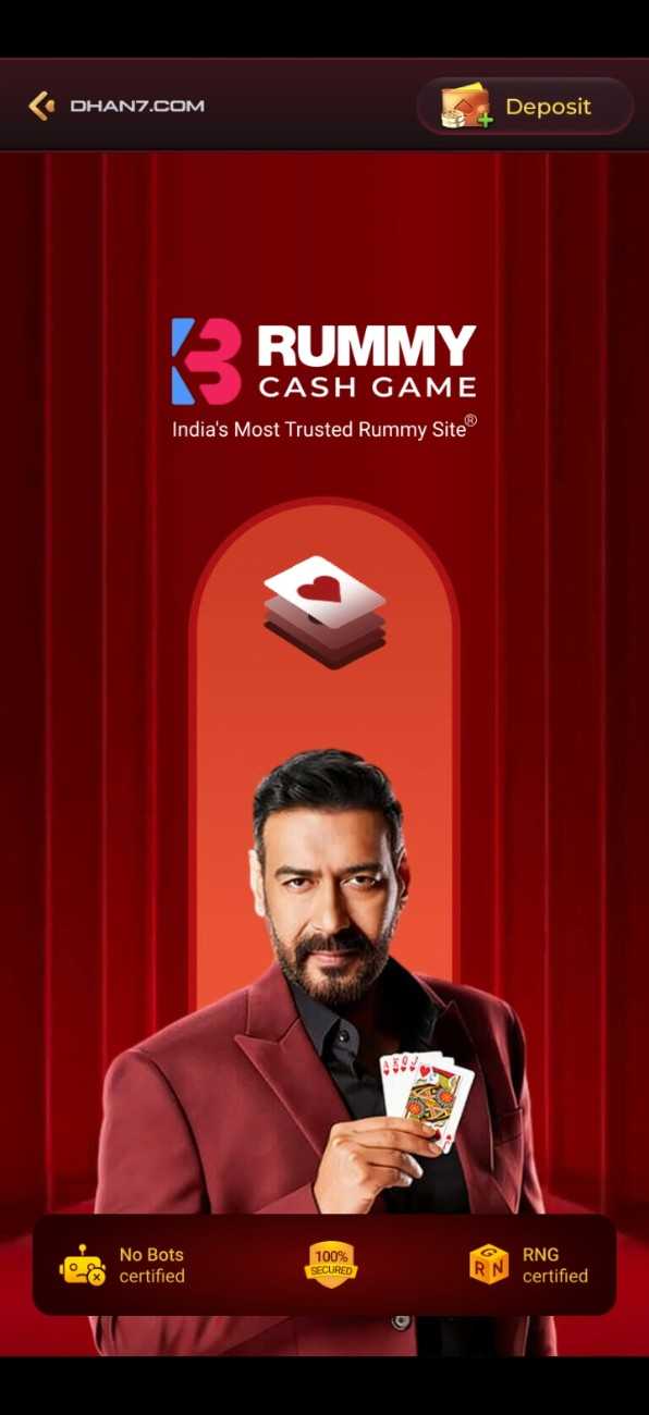 K3 Rummy Cash Game promotional banner on Dhan7.com with celebrity holding playing cards and trusted online rummy platform branding dhan7game