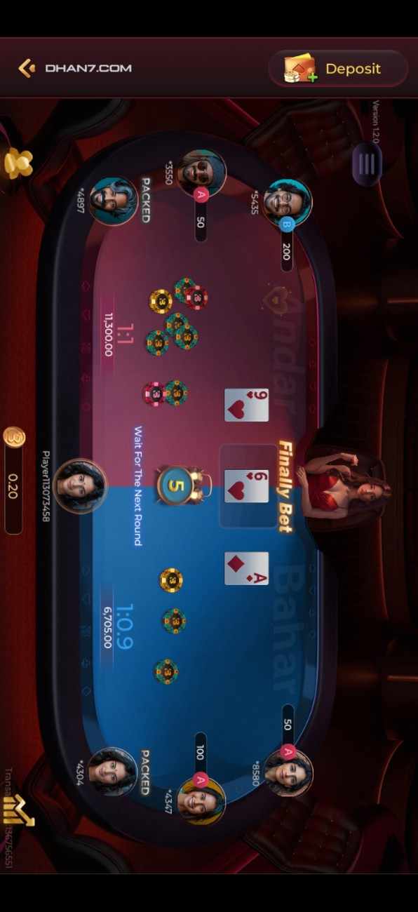 DHAN7GAME Andar Bahar live casino card game with online betting interface and player chips
